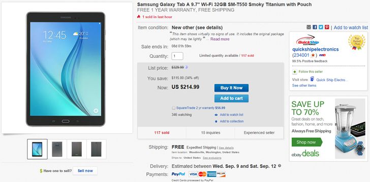 Fotografía - [Alerte pacte] eBay a une boîte ouverte de 32 Go Samsung Galaxy Tab 9.7 A avec un Samsung Case gratuit Pour 215 $ (environ 200 $ de rabais)